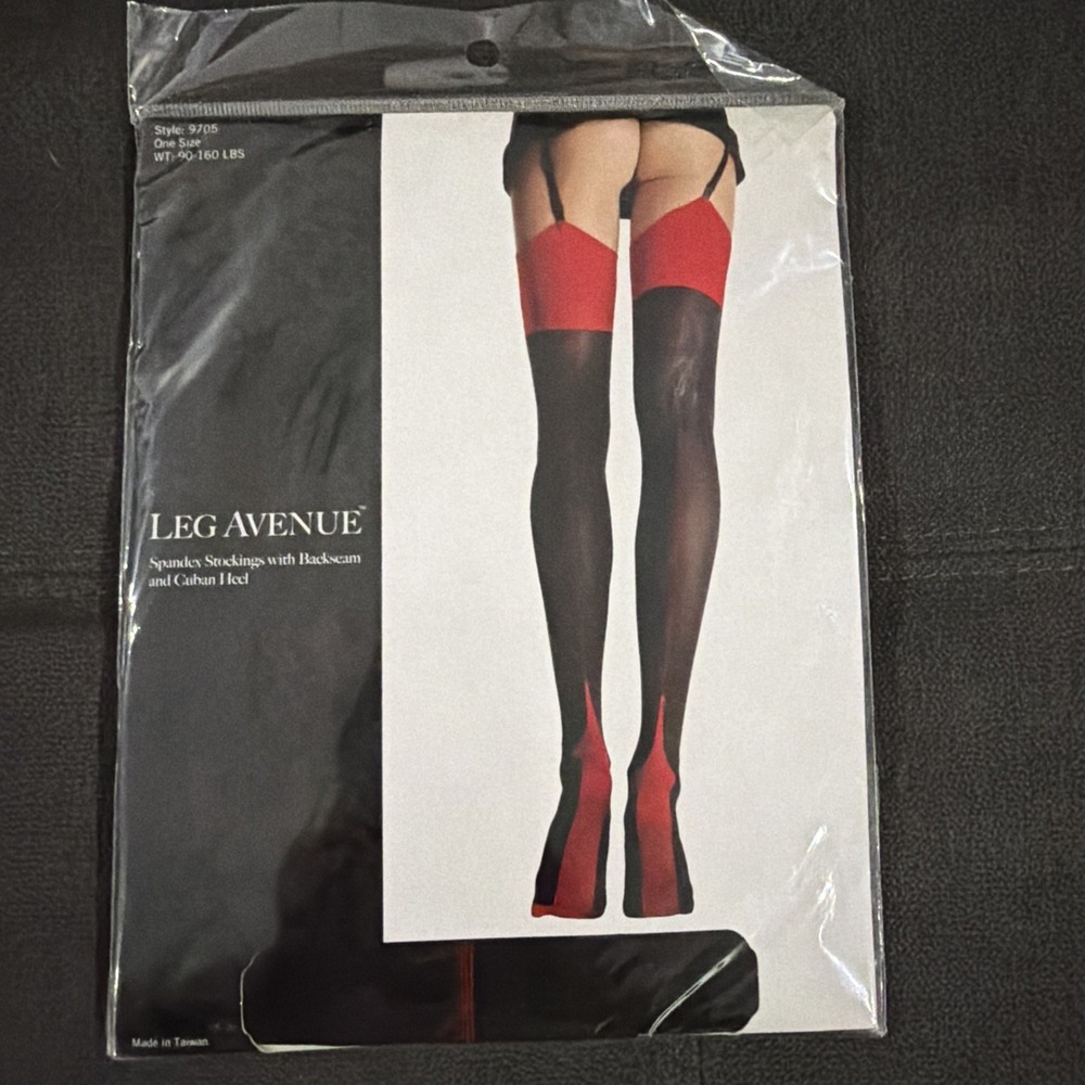 0022 Leg Avenue 9705Black Red Thigh High StockingBack Seam Cuban Heel One Size.